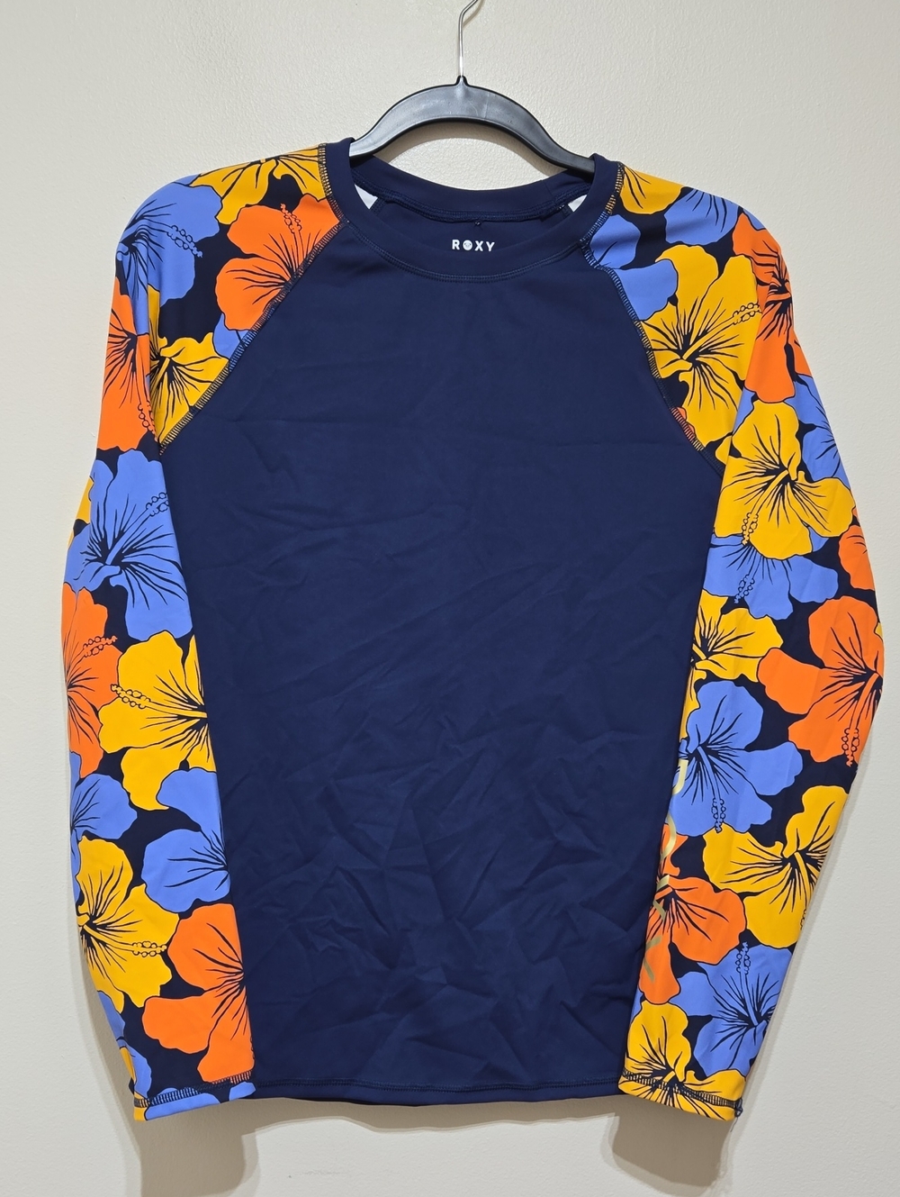 Roxy Women's Navy Rash Guard with Orange, Yellow & Blue Floral Sleeves